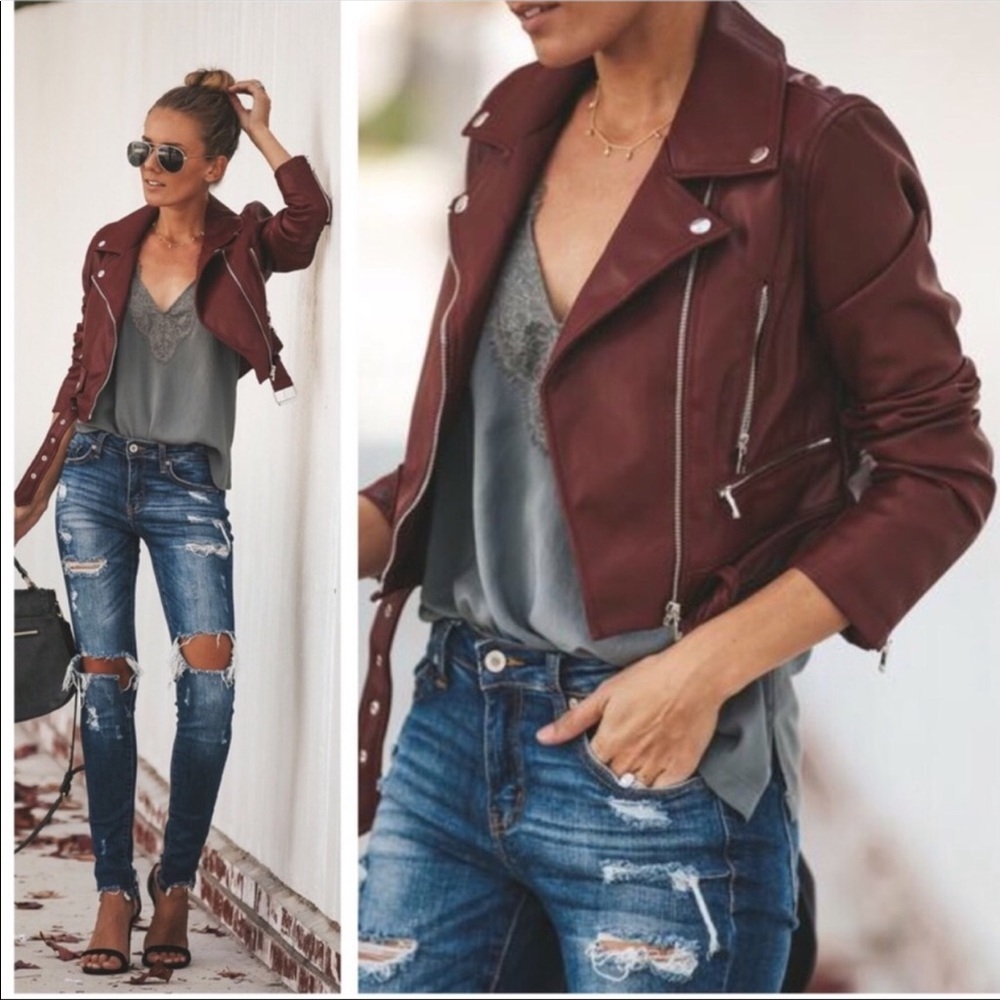 GEMMA- Wine Moto Belted Jacket
